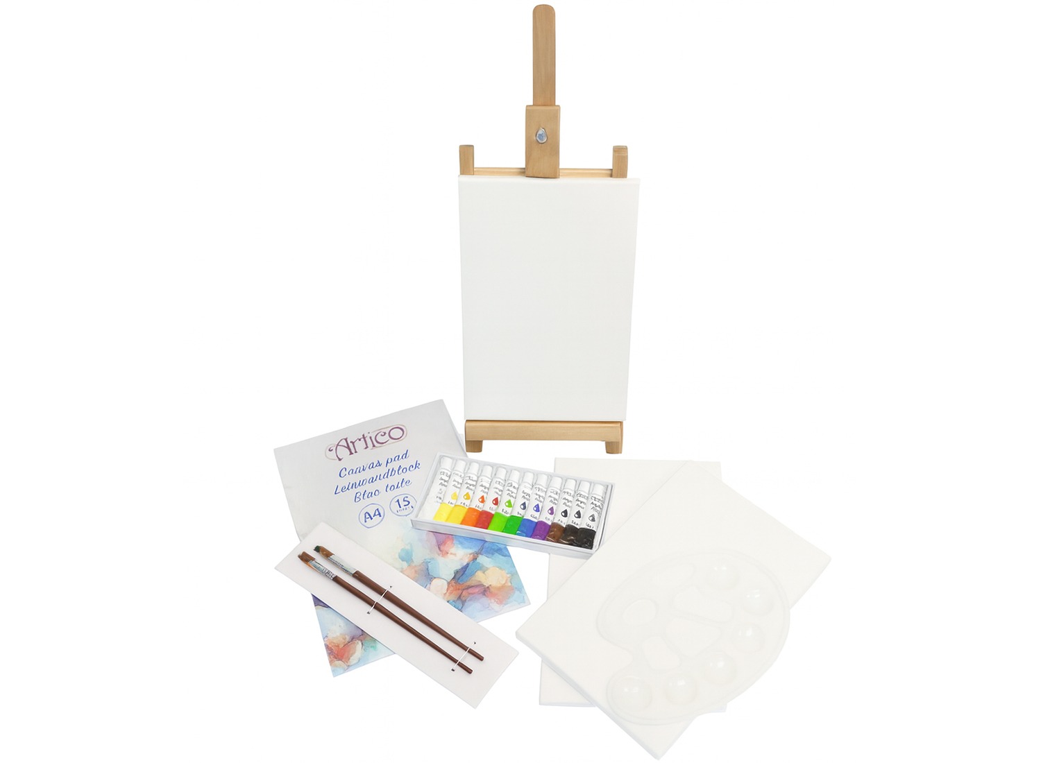 Artico Artist Set - 21-delige set - Tafel-ezel, Canvas, Penselen & 12 Acrylverfkleuren