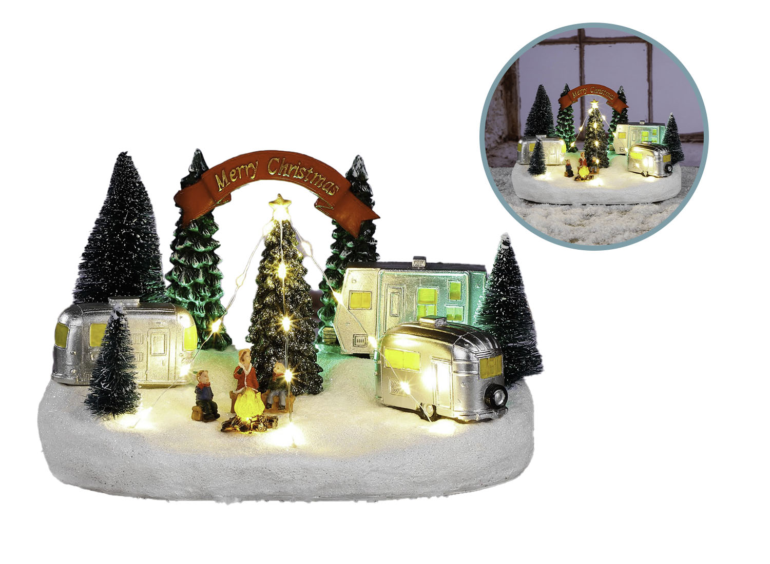 Christmas scene trailers in sneeuw met LED verlichting 26 x 18 x 15,5 cm