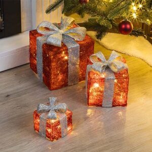Hi Led Geschenkdoos - 3 Delig - 3 Maten - Rood Met Zilvergrijze Strik