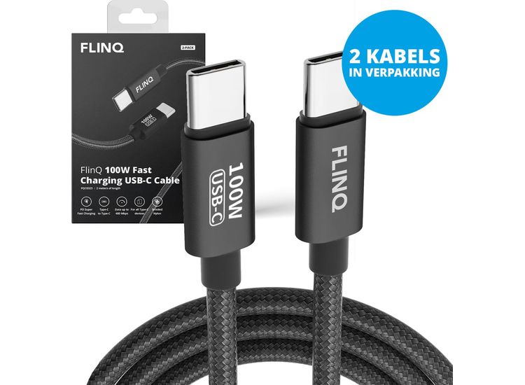 2 FlinQ 100W Snellader USB C Oplaadkabels - USB C naar USB C - 2 Meter
