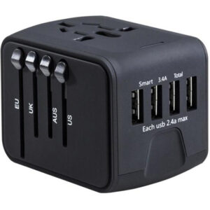 Fedec Universele Wereldstekker met 4 USB Poorten - Internationale Reisstekker voor 150+ landen - Zwart